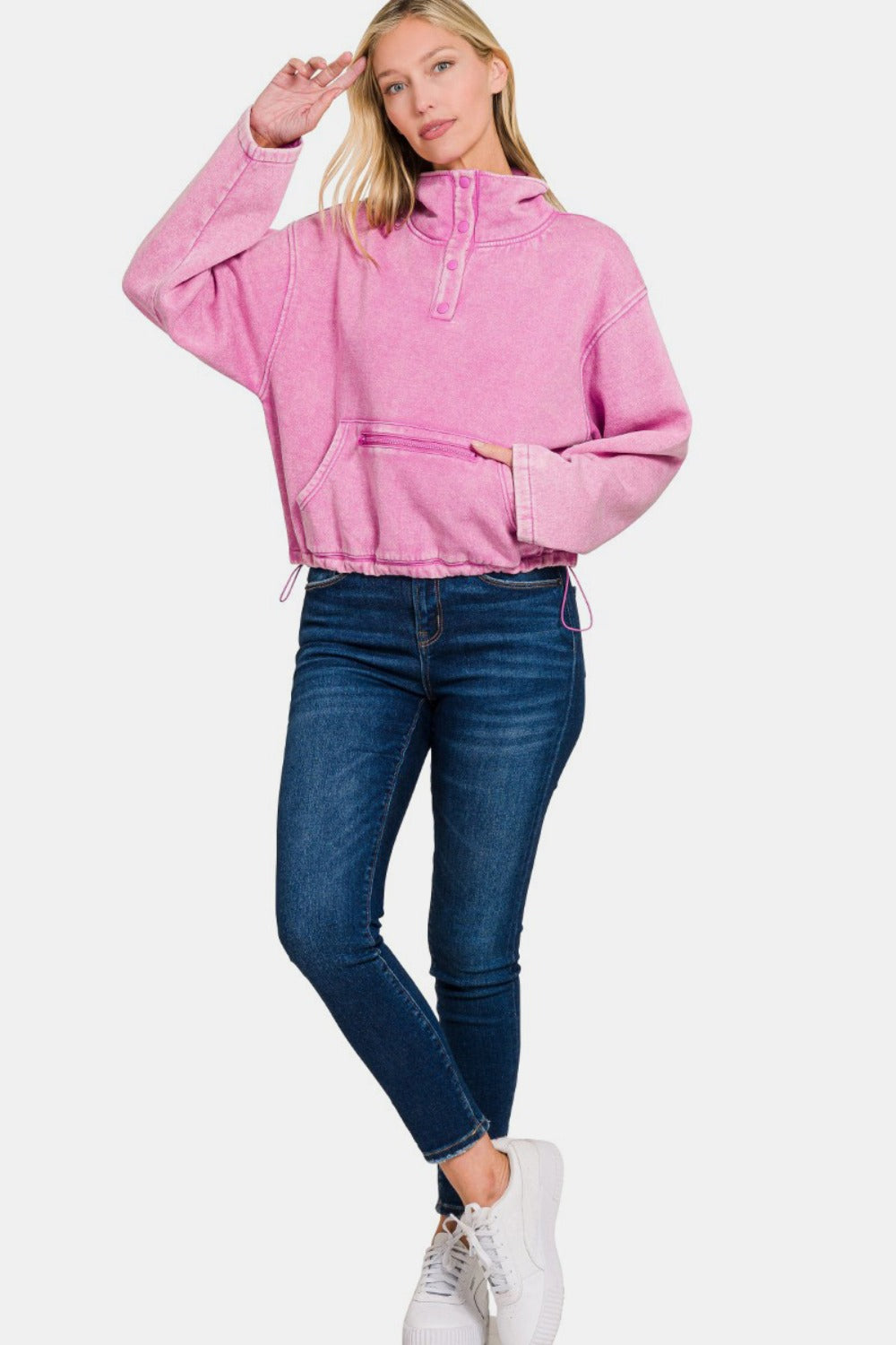Zenana Large Adjustable Hem Collared Half Snap Sweatshirt with Zipper Pocket in Mauve Pink