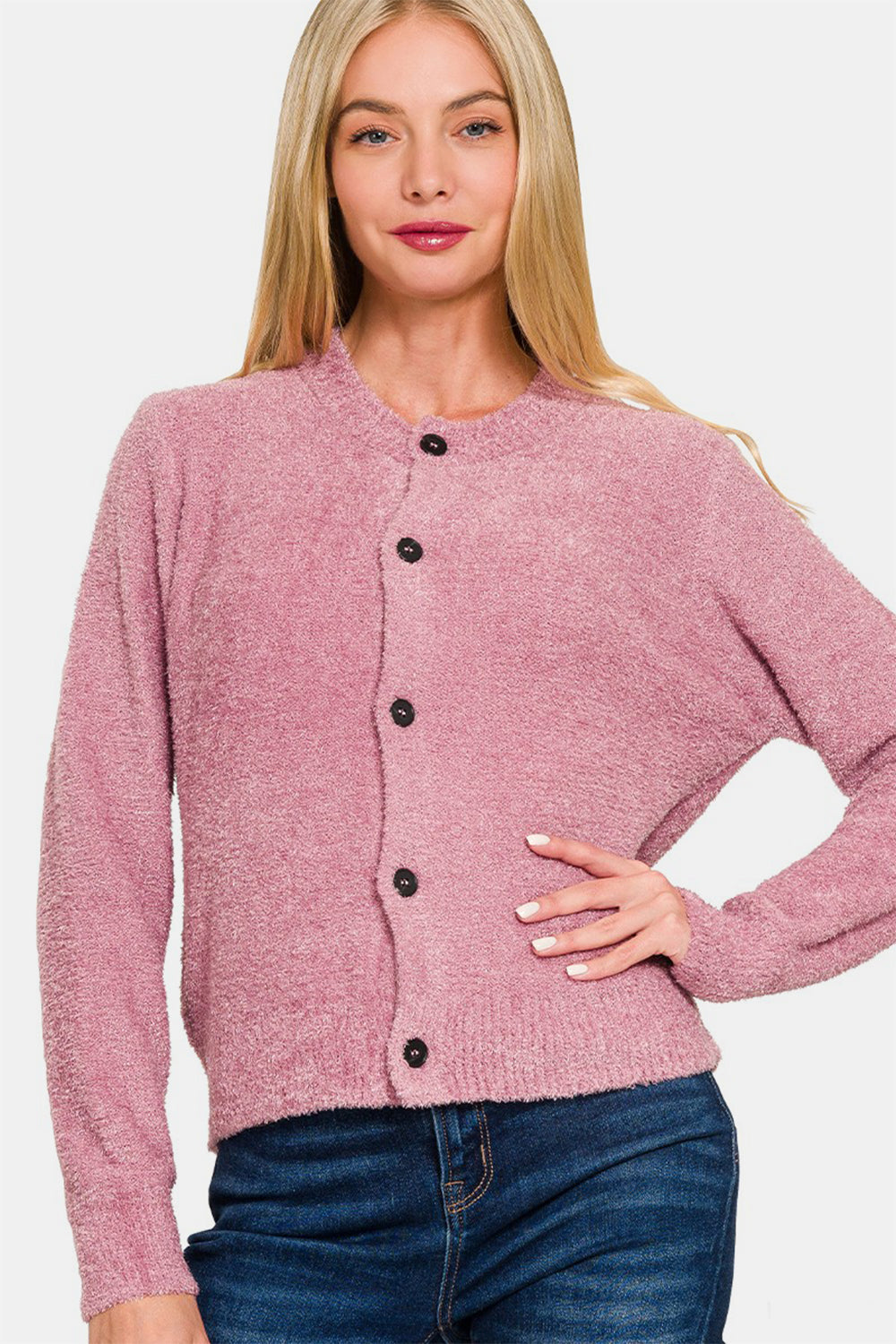 Zenana Textured Crew Neck Button Down Cardigan Sweater in Light Rose Pink