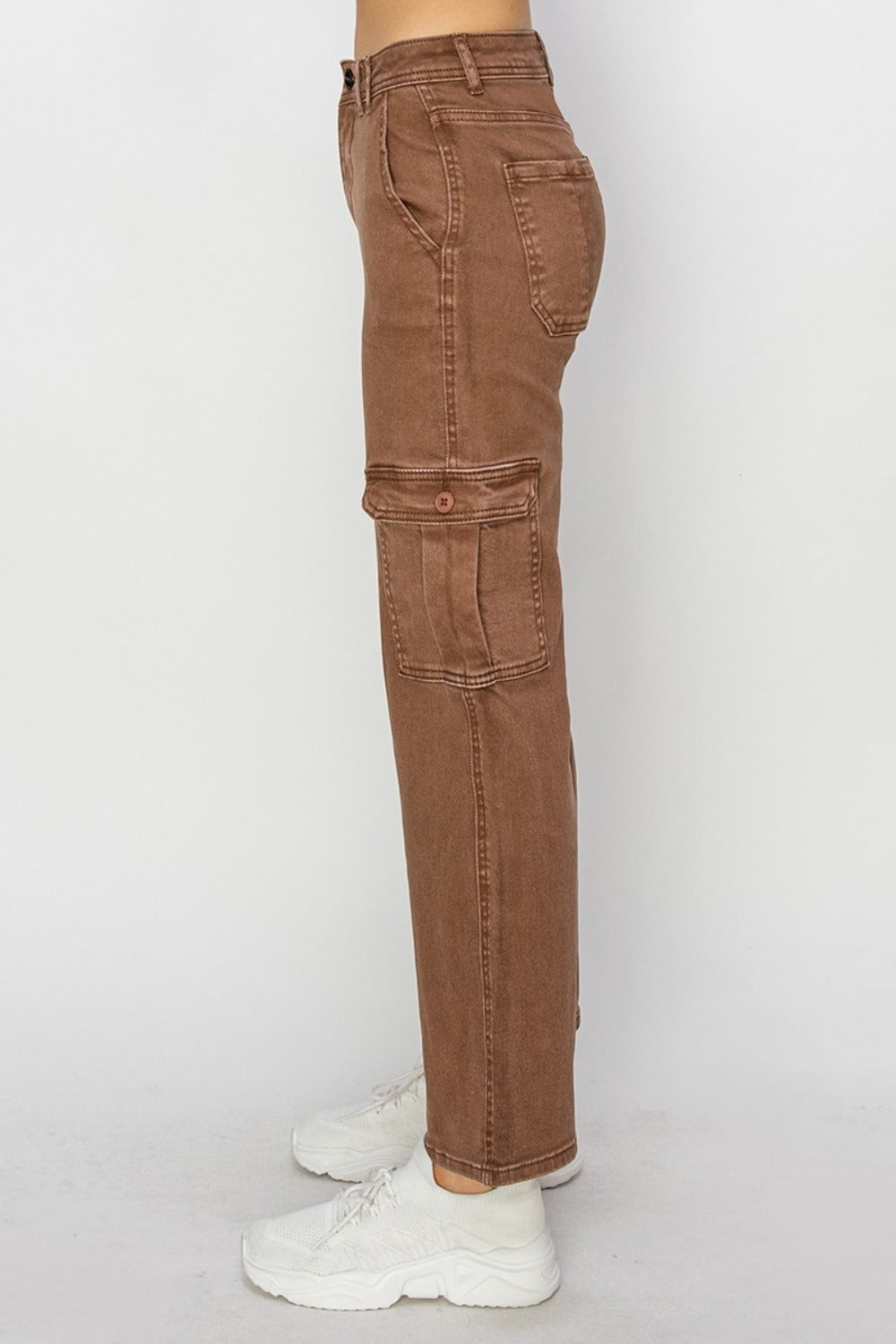 RISEN Full Size High Rise Straight Leg Cargo Jeans in Espresso Brown