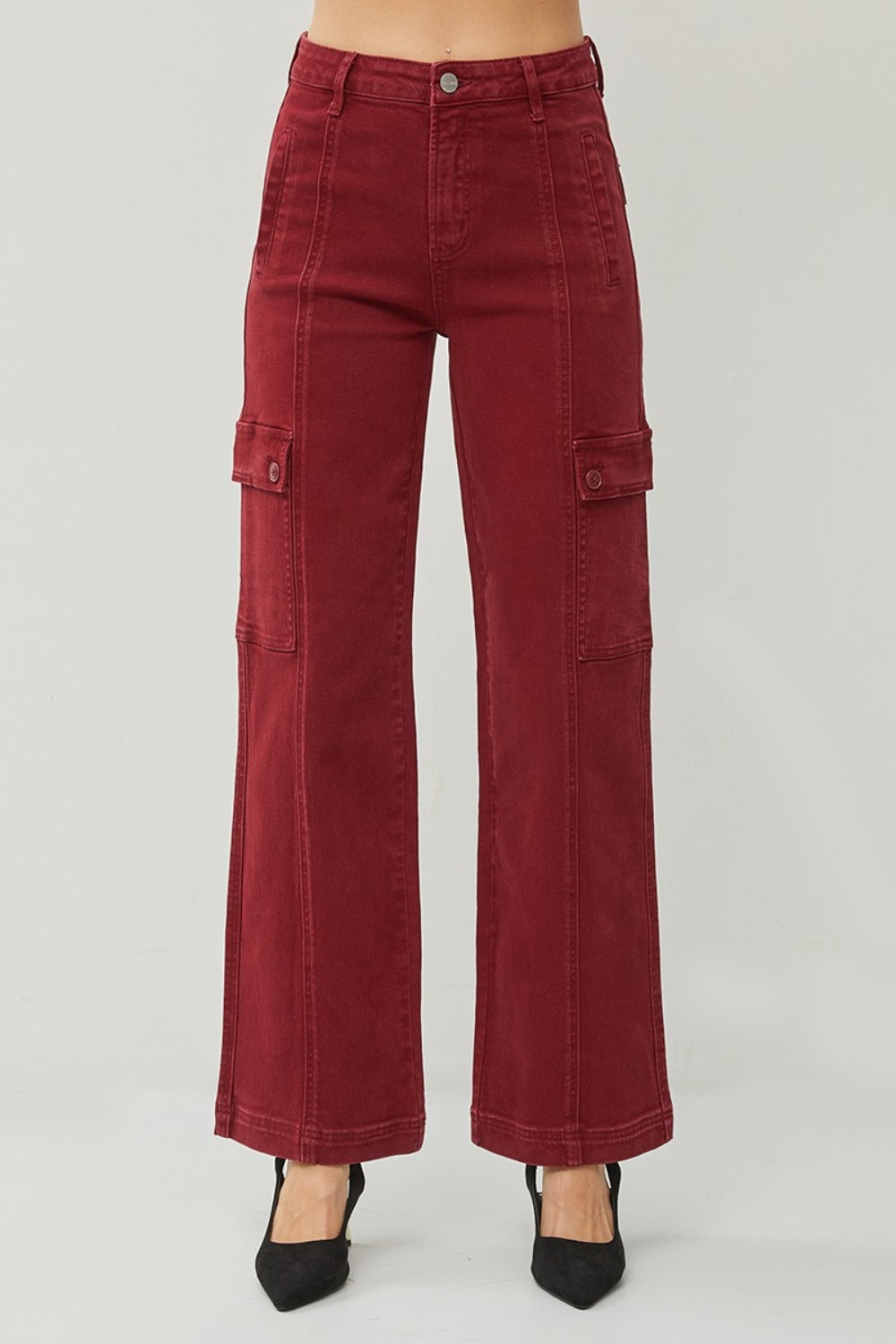 RISEN Seamed Button Pocket Wide Leg Cargo Jeans in Wine Red