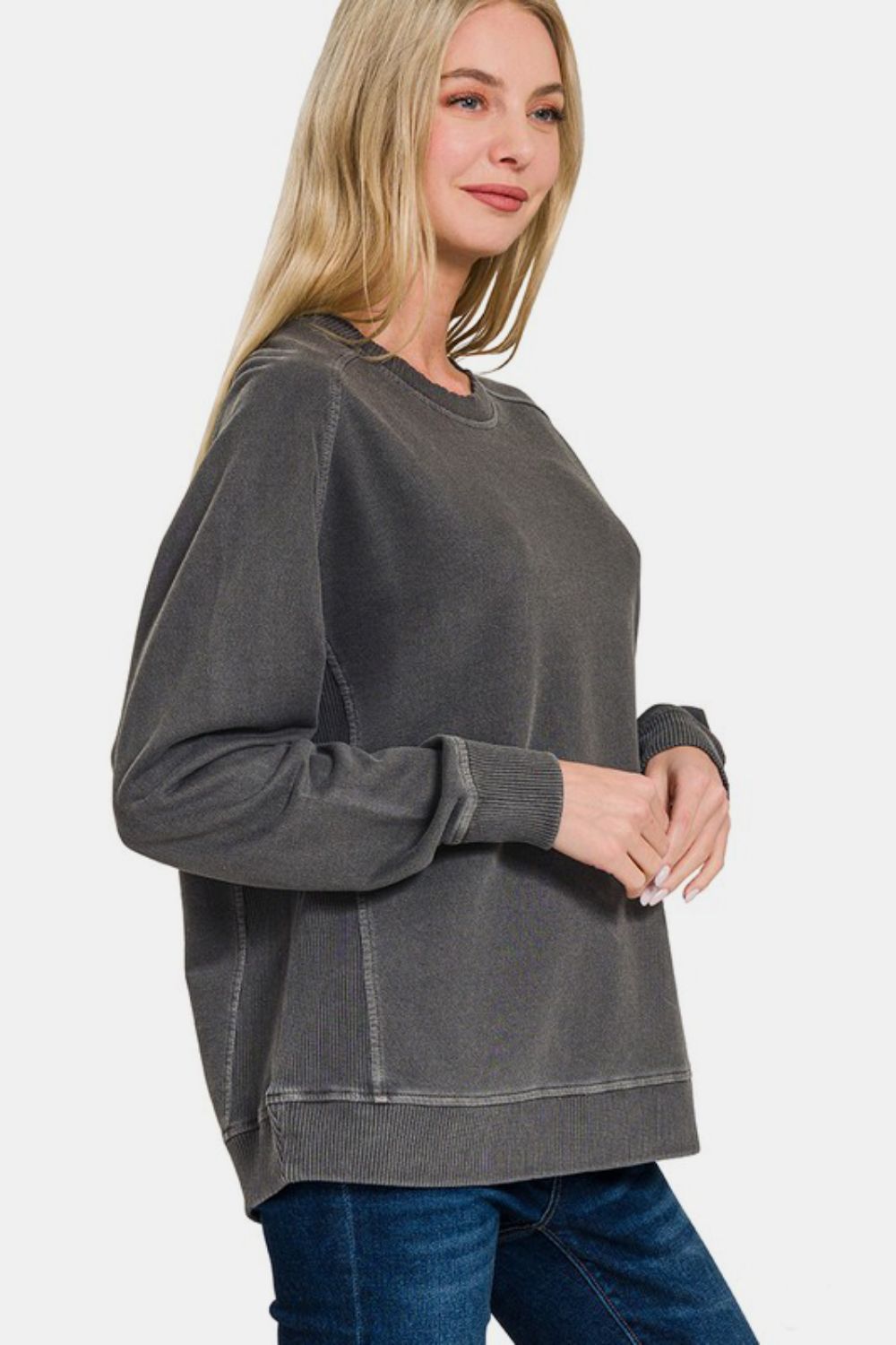 Zenana Plus Pigment Dyed French Terry Round Neck Tunic Sweatshirt in Black