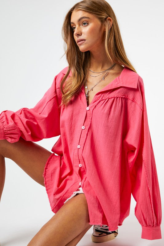 Davi & Dani Relaxed Fit Button Down Tunic Shirt in 2 Colors