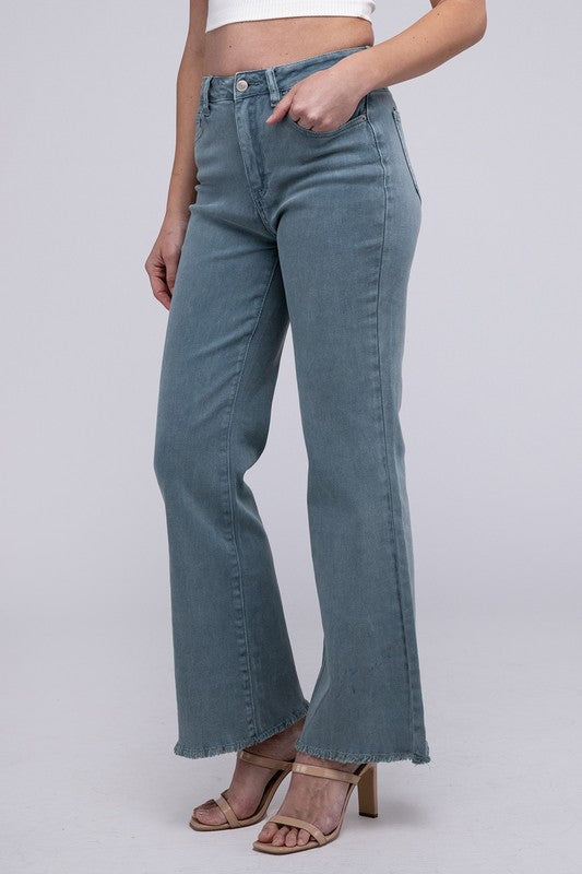 Zenana Color Washed Cotton Raw Hem Wide Leg Jeans in 6 Colors