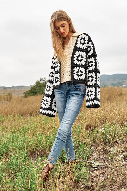 Davi & Dani Two-Tone Floral Square Crochet Open Knit Cropped Cardigan