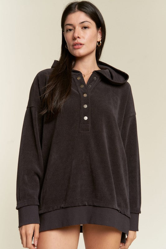 Jade By Jane Plus Size Chenille Snap Henley Hooded Sweatshirt in 2 Colors