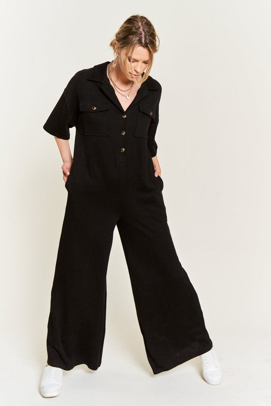 Jade By Jane Collared Wide Leg Jumpsuit in 3 Colors