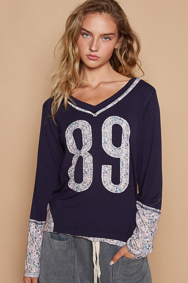 POL Floral Patchwork Number Long Sleeve V-Neck T-Shirt Top Rayon Stretch in Indigo Multi