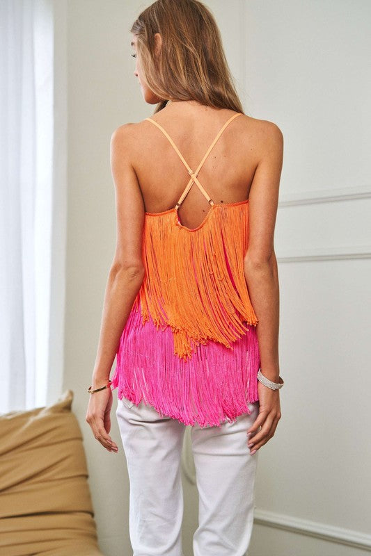 Davi & Dani Fringe Overlay Cross Straps Party Cami Top