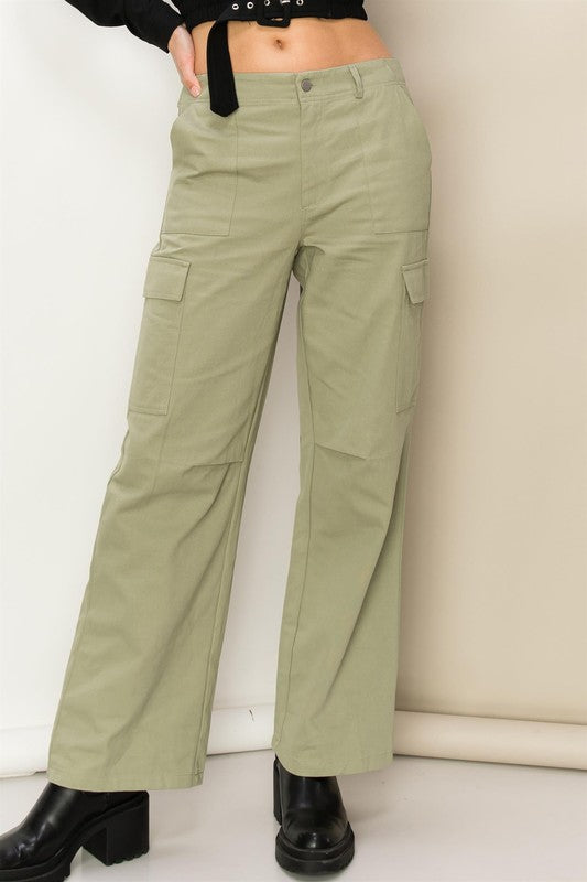 HYFVE Woven Cotton High Waist Cargo Pants in Khaki or Sage in 2 Colors