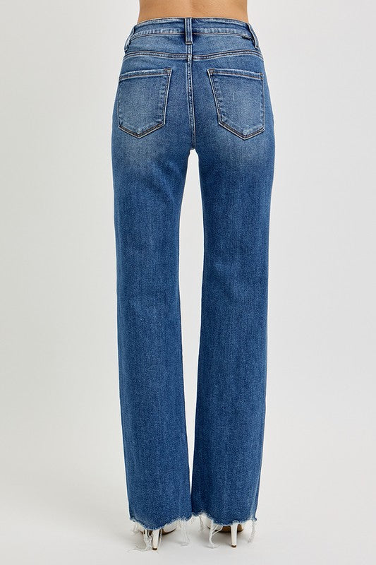 RISEN Tummy Control High Rise Raw Hem Jeans in Dark Wash Blue