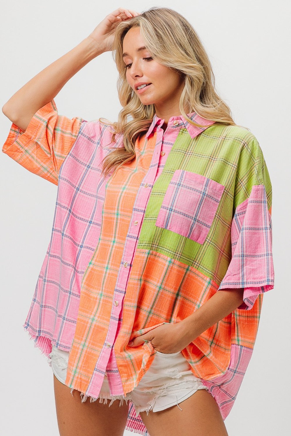 BiBi Plaid Color Block Half Sleeve Button Down Shirt