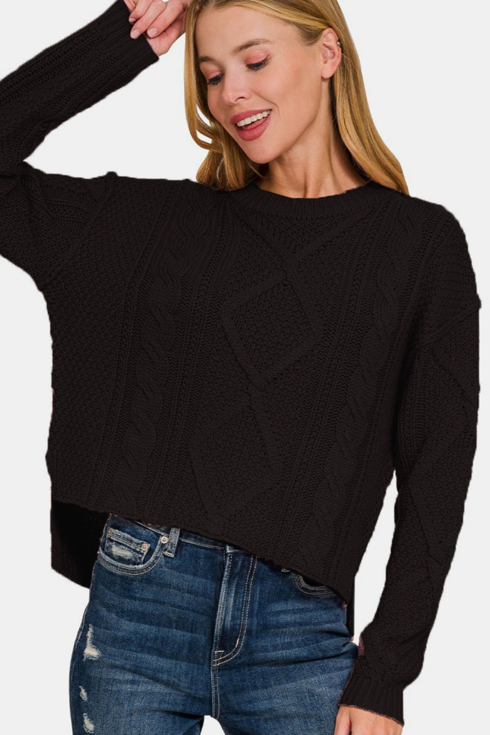 Zenana High Low Hem Cropped Cable-Knit Crew Neck Sweater in Black NWT