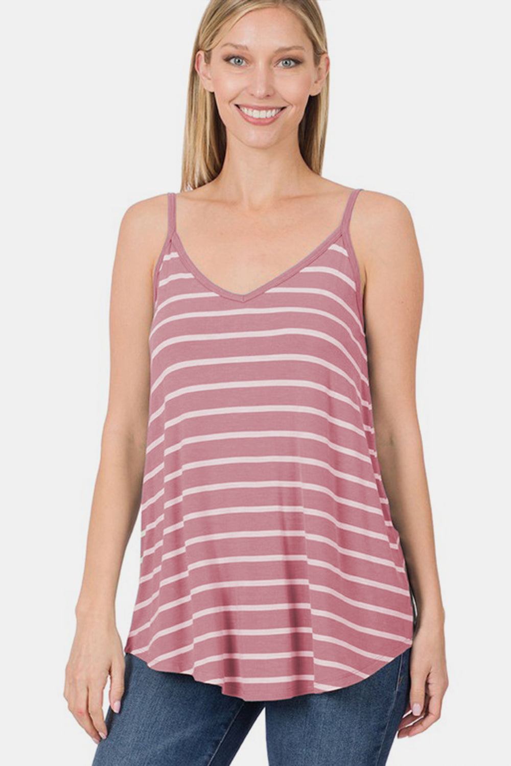 Zenana Double V-Neck Tunic Cami in Light Rose Stripe