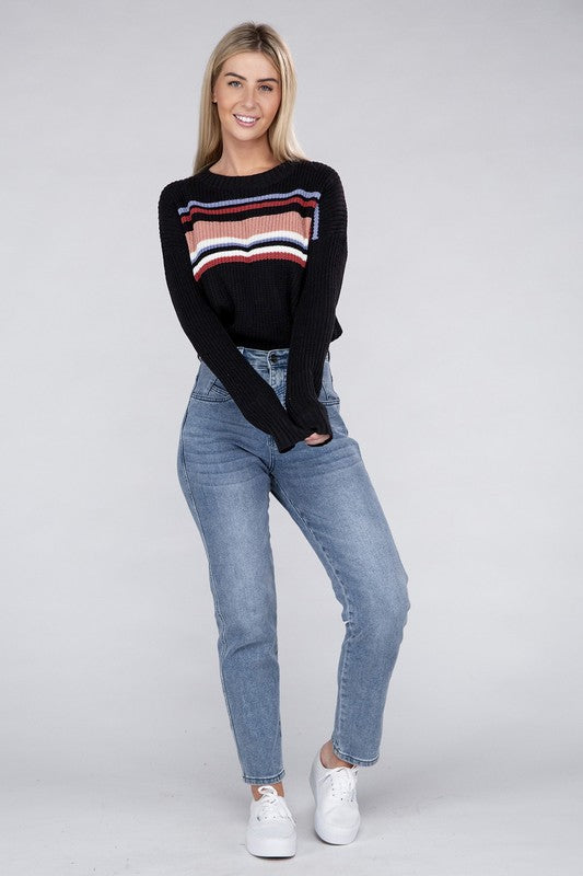 Ambiance Apparel Stripe Front Drop Shoulder Cropped Sweater in 3 Colors