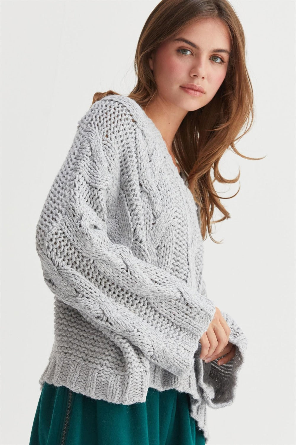 HYFVE Oversized Cable Knit Bell Sleeve V-Neck Sweater in Light Gray