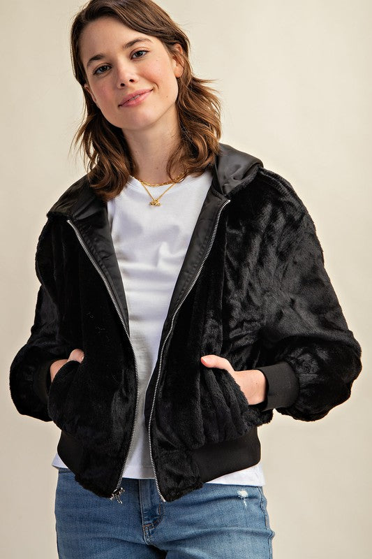 Sweet Generis Reversible Faux Fur Cropped Bomber Jacket