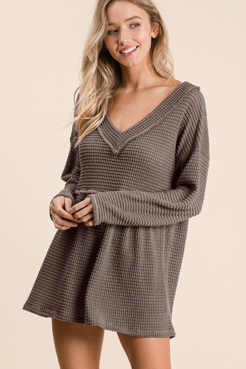 BiBi Waffle-Knit V-Neck Tunic Top