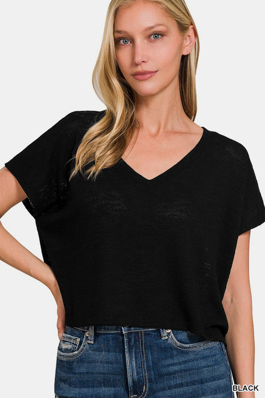 Zenana Relaxed Cropped V-Neck T-Shirt in Black