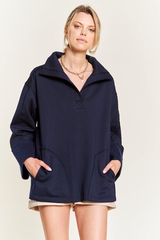 Jade By Jane High Collar Oversized Knit Top in Navy