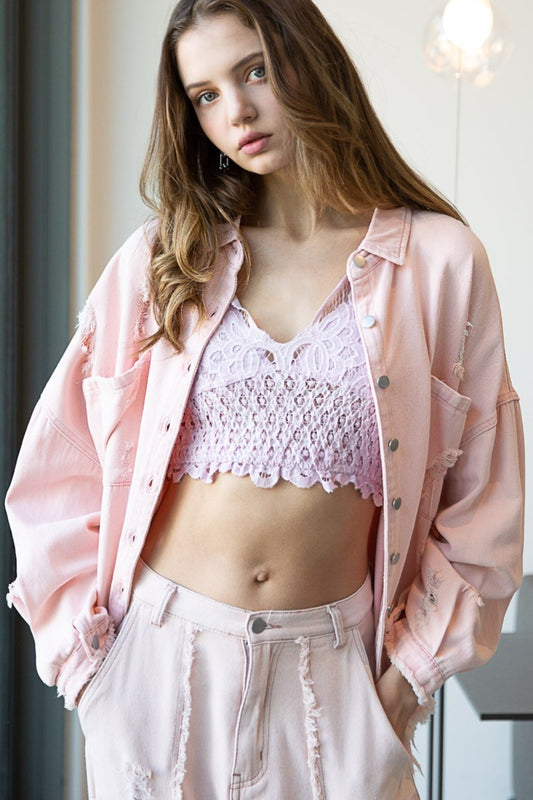 POL Button Down Raw Hem Distressed Denim Jacket in Powder Pink