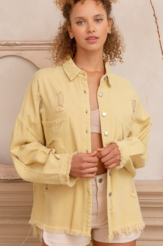 POL Button Down Raw Hem Distressed Shirt Jacket in Lemonade