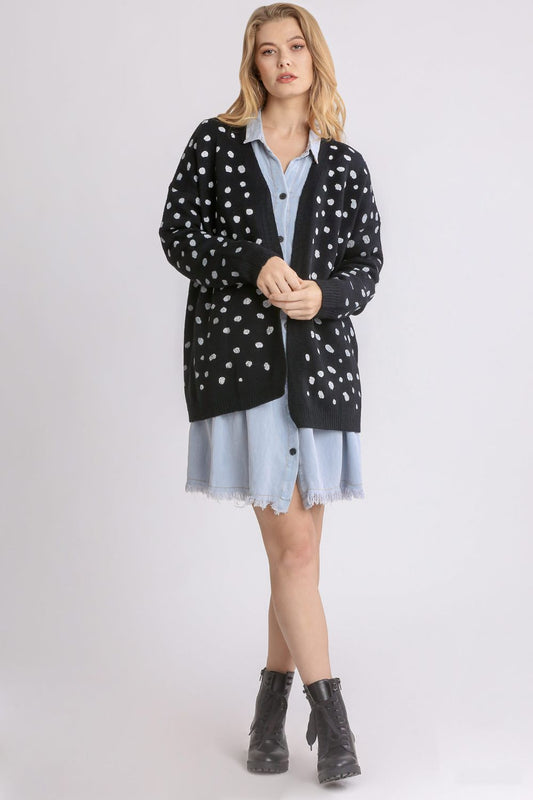 Umgee Polka Dot Open Front Cardigan Sweater in Black Multi NWT