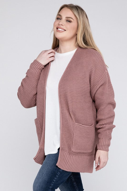 Zenana Plus Waffle-Knit Open Front Tunic Cardigan Sweater with Pockets in 4 Colors