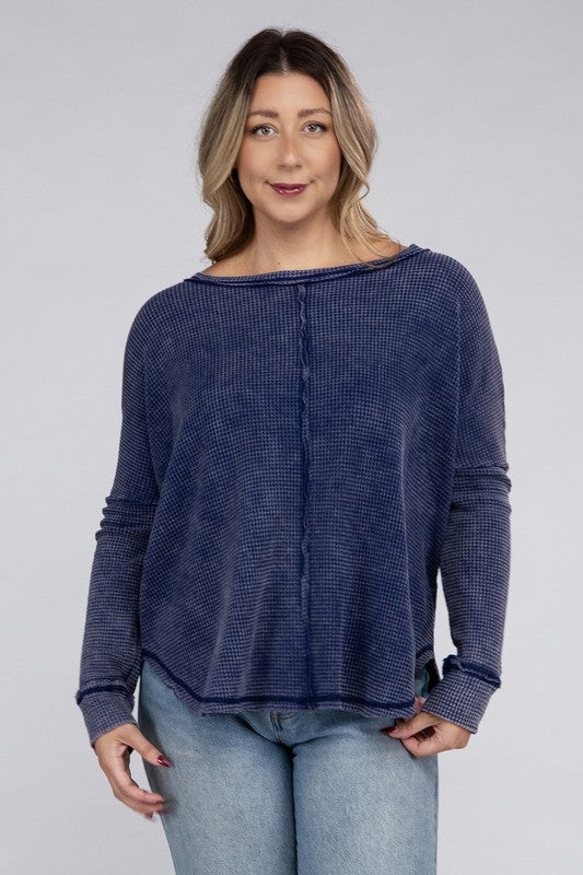 Zenana Plus Color Wash Waffle-Knit Exposed Seam Long Sleeve Boat Neck Top in 2 Colors