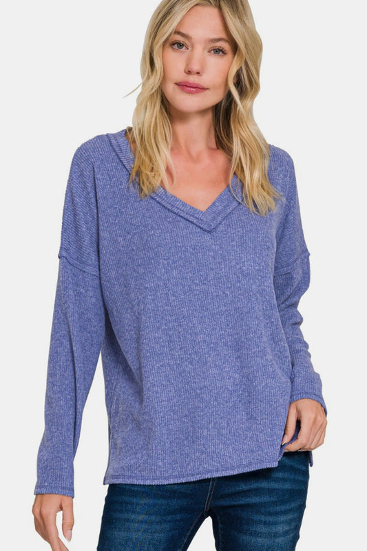 Zenana Exposed Seam Ribbed Long Sleeve V-Neck Top in Marlin Blue Sizes S to 3XL