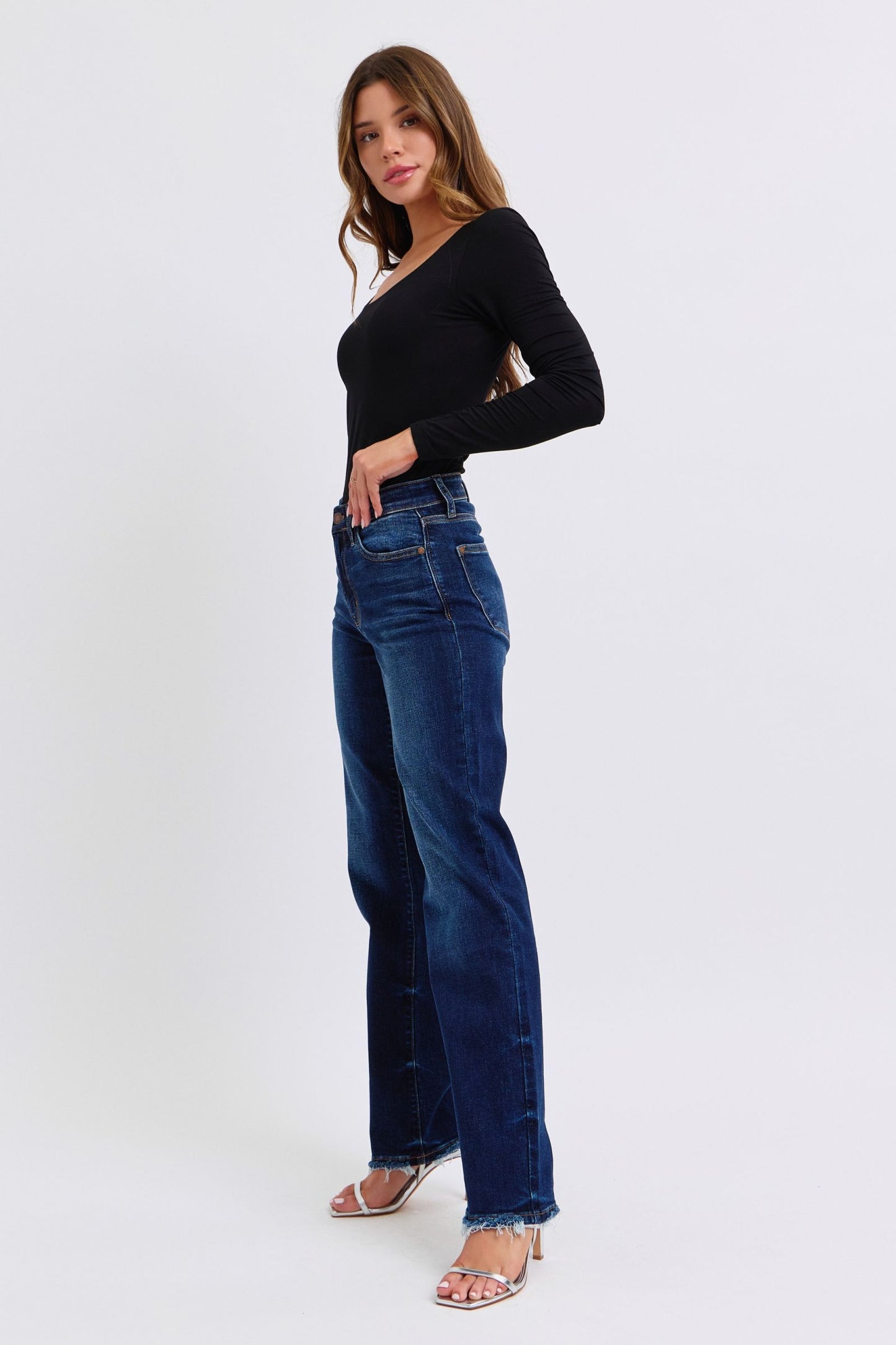 Judy Blue Full Size Raw Hem Straight Leg Jeans in Dark Wash Blue