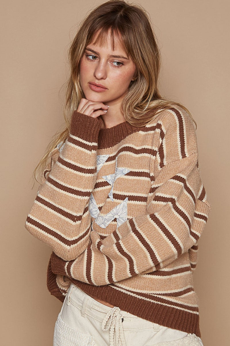 POL Star Patch Striped Round Neck Sweater in Brown Multi Relaxed Fit Mixed Knit