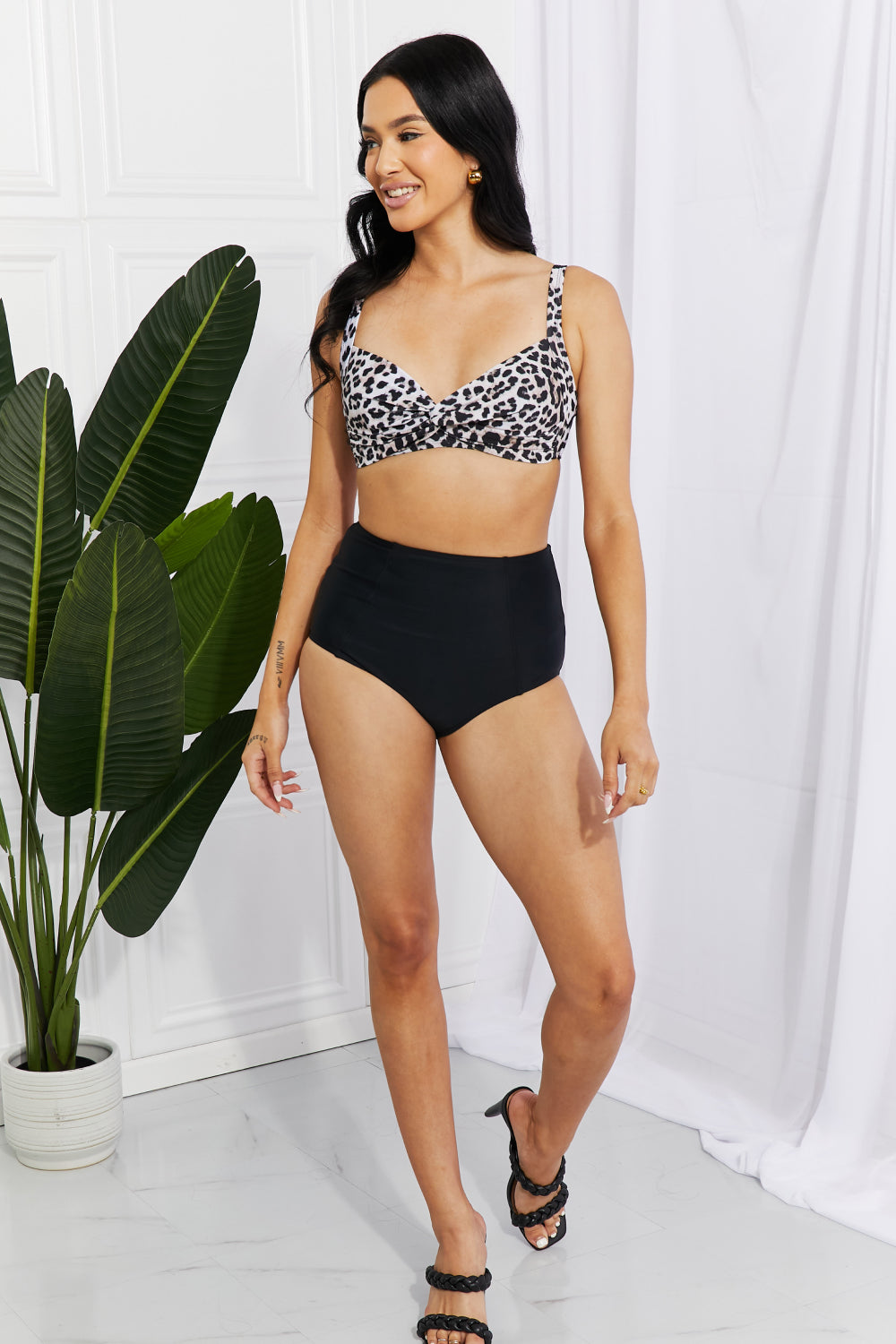 Marina West Swim Two-Piece Twist High-Rise Bikini Swimsuit in Leopard