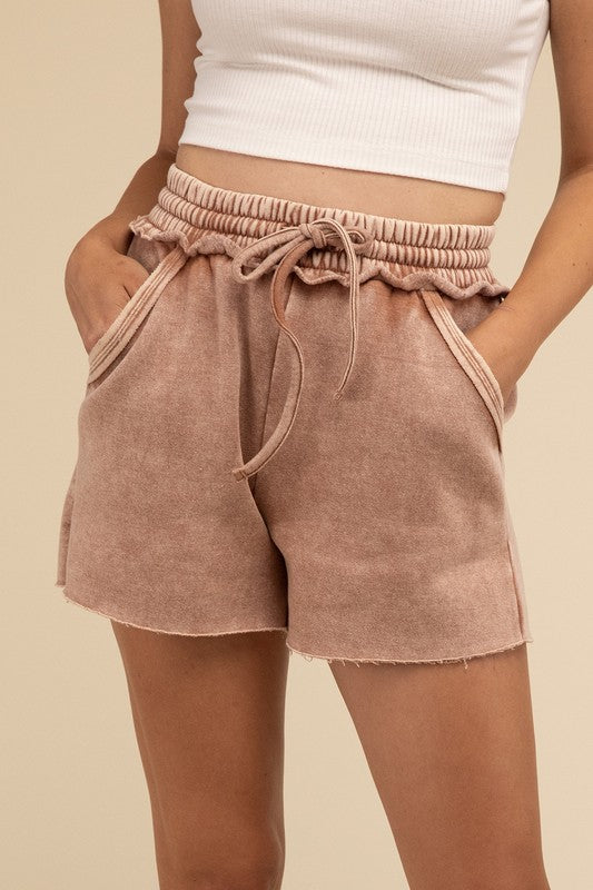 Zenana Acid Wash Fleece Drawstring Shorts with Pockets in Ash Mocha or Rust