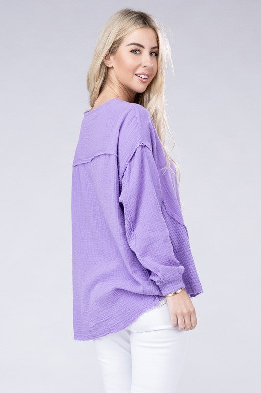 Zenana Double Cotton Gauze Oversized Raw Hem Henley Shirt in 8 Colors