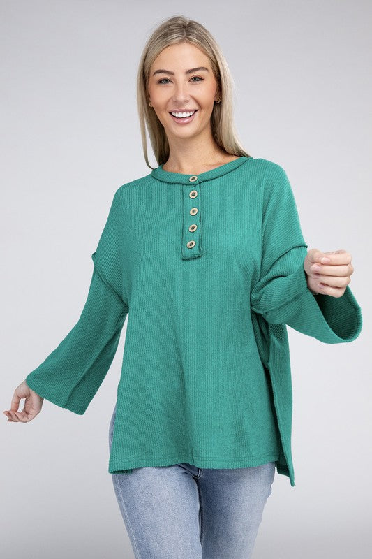 Zenana Slit Hem Bell Sleeve Ribbed Henley Sweater in 5 Colors