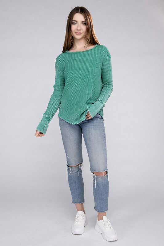 Zenana Washed Waffle-Knit Raw Hem Long Sleeve Tunic T-Shirt in 4 Colors