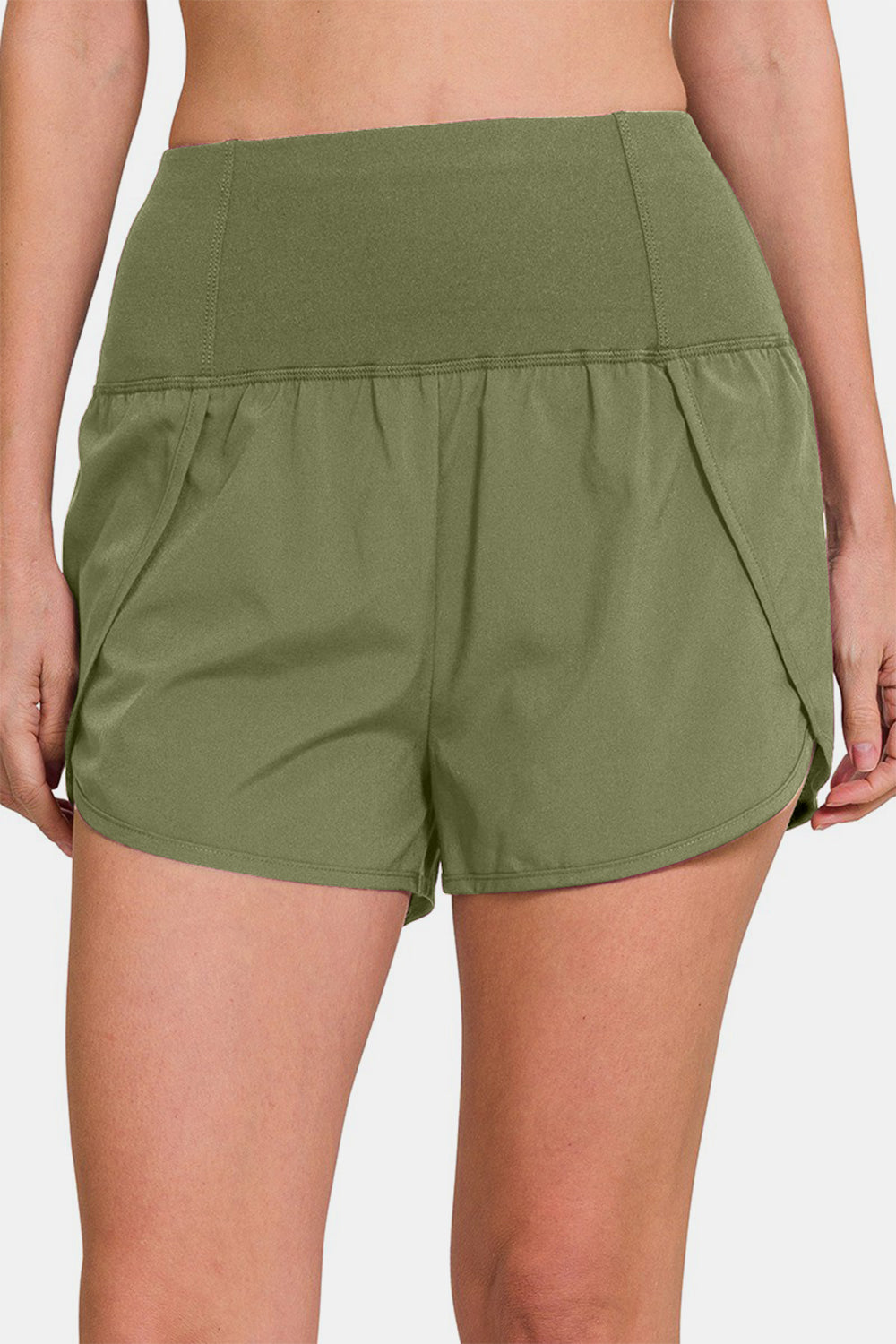 Zenana Two Layer Back Pocket Activewear Shorts in Light Olive