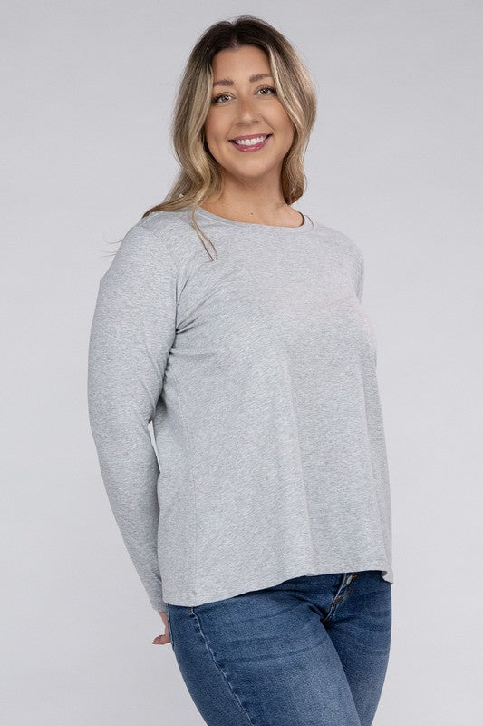 Zenana Plus Cotton Crew Neck Long Sleeve T-Shirt in 3 Colors