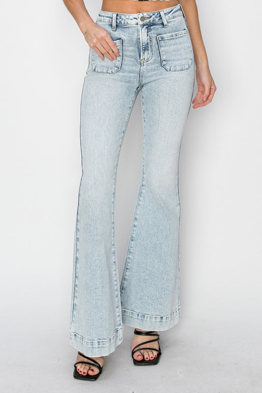 RISEN Full Size Front Patch Pocket High Rise Flare Leg Jeans in Acid Light Wash Blue