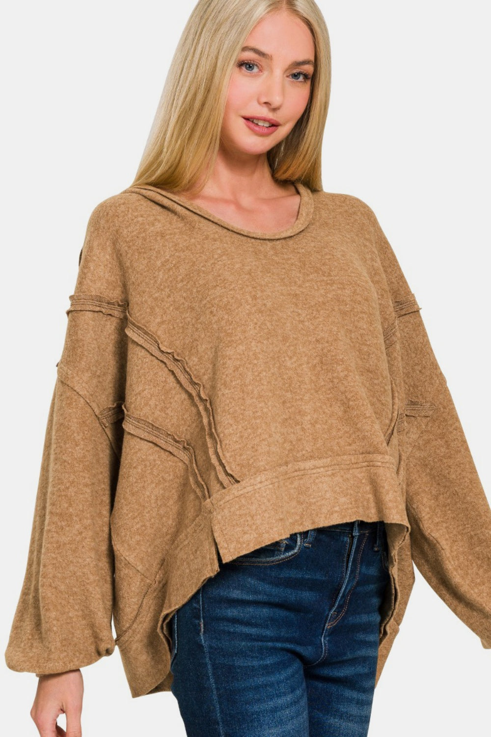 Zenana Brushed Hacci Exposed Seam Round Neck Hoodie Sweater in Deep Camel Brown NWT