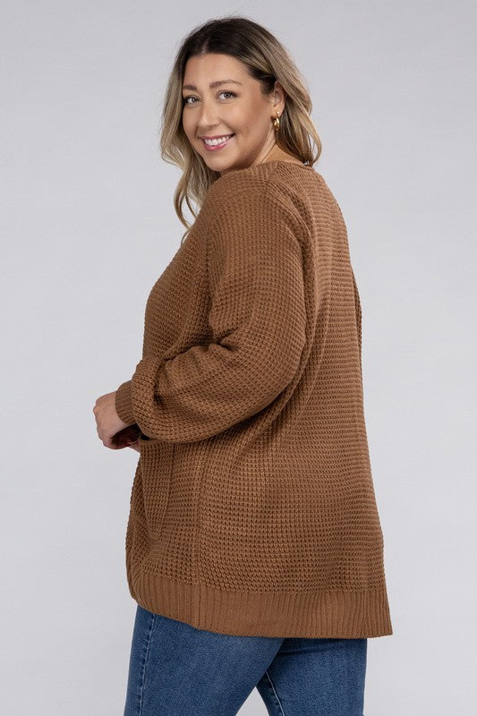 Zenana Plus Waffle-Knit Open Front Tunic Cardigan Sweater with Pockets in 5 Colors