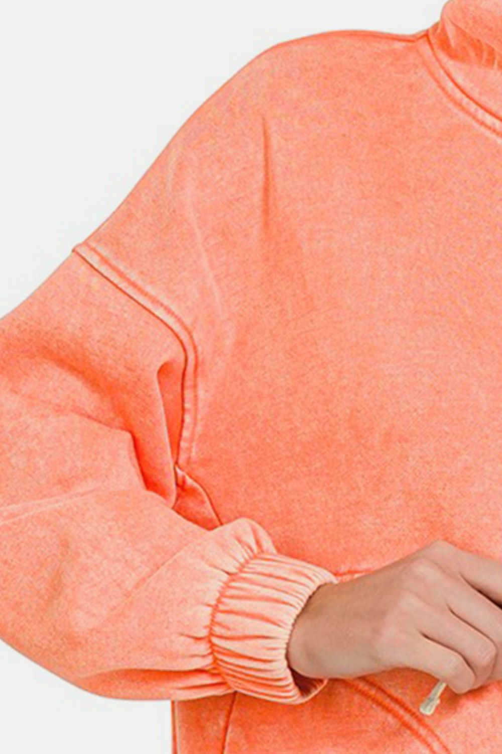 Zenana Washed Half Snap Drawstring Hoodie in Coral