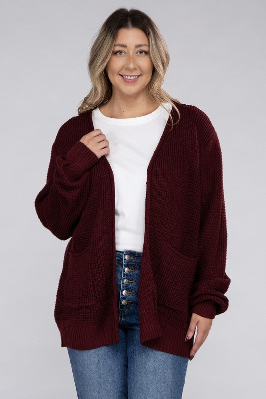 Zenana Plus Waffle-Knit Open Front Tunic Cardigan Sweater with Pockets in 5 Colors