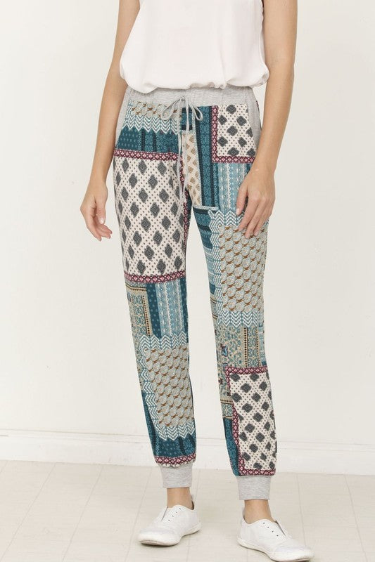 EG Fashion Plus Size Quilted Patchwork Print Joggers in Teal or Red