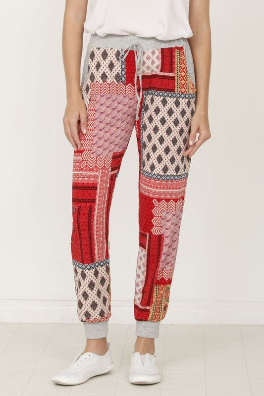 EG Fashion Quilted Patchwork Print Drawstring Joggers in Red or Teal