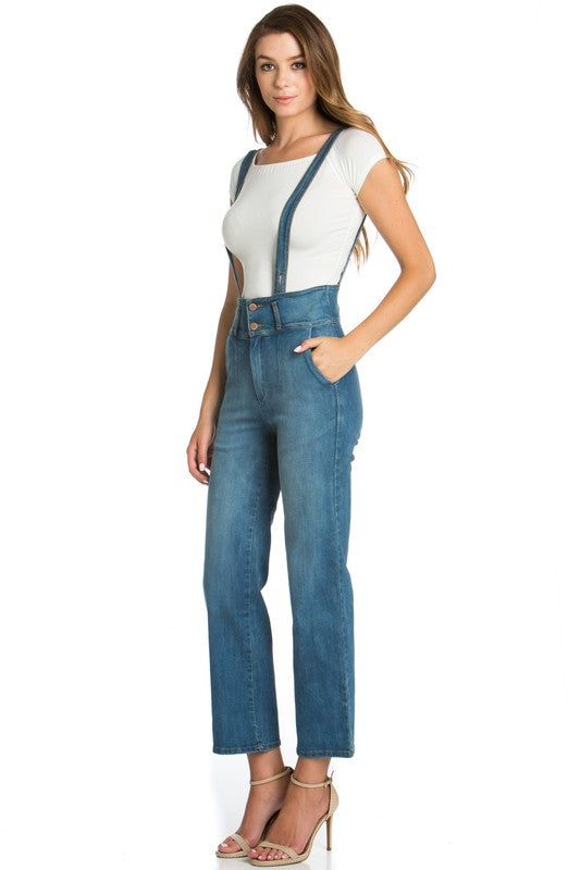 O2 Denim High Waist Flared Leg Denim Overall Jeans in 5 Colors