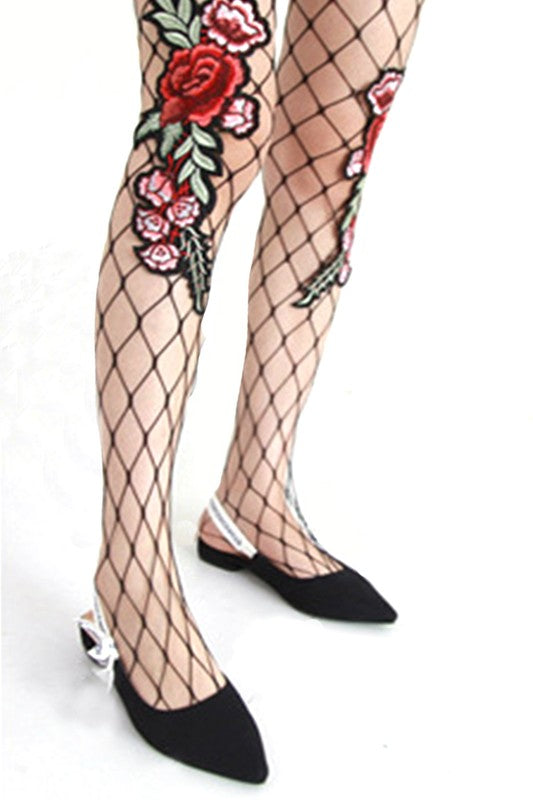 LA Jewelry Plaza Rose Embroidered Fishnet Tights