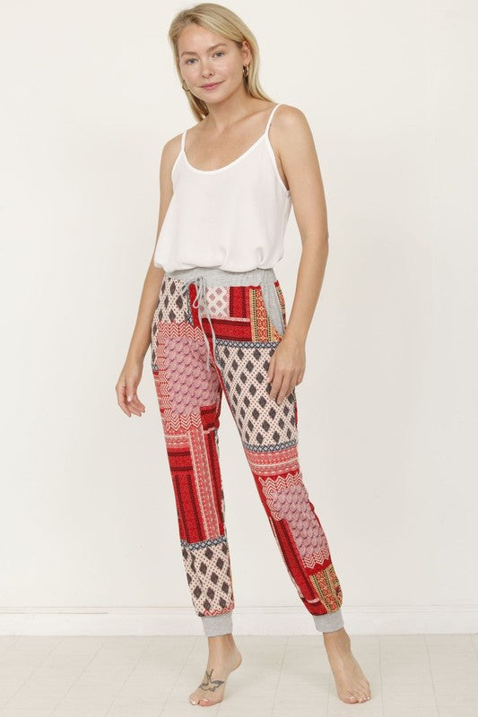 EG Fashion Quilted Patchwork Print Drawstring Joggers in Red or Teal