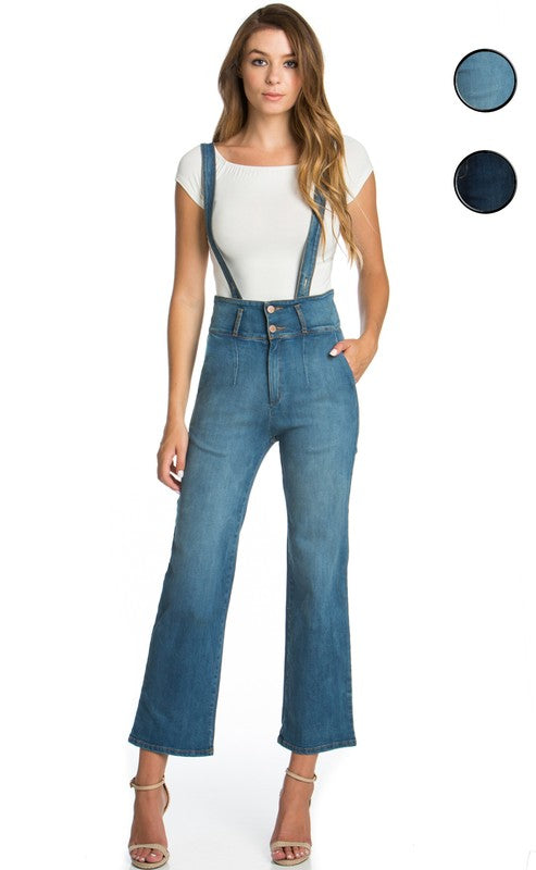 O2 Denim High Waist Flared Leg Denim Overall Jeans in 5 Colors