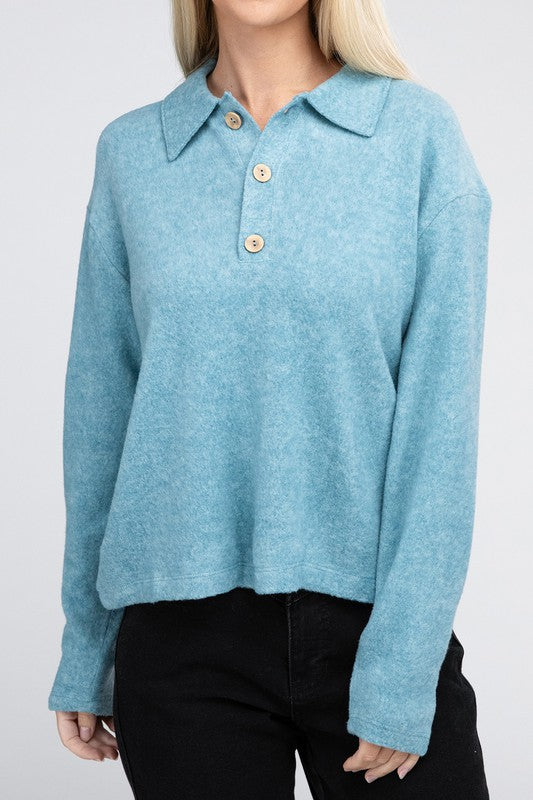 Zenana Brushed Melange Button Front Collared V-Neck Sweater in 5 Colors